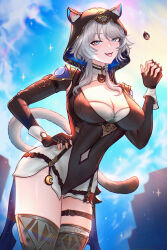 1girl animal_ears black_gloves blue_eyes blue_sky boots breasts cat_ears cat_girl cat_tail cipher_(honkai:_star_rail) coin commentary fangs fingerless_gloves gloves gold_boots grey_hair highres honkai:_star_rail honkai_(series) large_breasts mcdobo mole mole_on_breast open_mouth outdoors short_hair_with_long_locks shorts sky solo tail thighs tongue tongue_out white_shorts yellow_nails