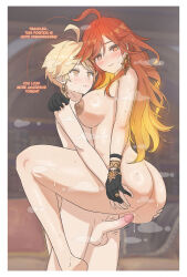 1boy 1girl absurdres aether_(genshin_impact) ahoge black_gloves blonde_hair blush breasts completely_nude english_text fingerless_gloves genshin_impact gloves grabbing_another&#039;s_ass groping hetero highres imminent_penetration large_breasts long_hair mavuika_(genshin_impact) nipples nude orange_eyes orange_hair penis precum standing suspended_congress sweat testicles trembling uncensored valenthania yellow_eyes