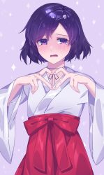 Rule 34 | 1boy, black hair, blush, bob cut, chihaya (clothing), choker, crying, crying with eyes open, fingernails, four-finger heart hands, hair ornament, hairclip, hakama, hakama skirt, heart, heart hands, highres, imamiyajet, japanese clothes, kosode, miko, open mouth, purple eyes, red hakama, ribbon choker, ribbon trim, science adventure, short hair, skirt, skull hair ornament, solo, steins;gate, tearing up, tears, tongue, trap, urushibara luka, wide sleeves