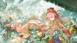 1girl absurdres bare_legs bare_shoulders barefoot black_bow body_markings bow braid breasts candlestand changli_(laurel_nymph)_(wuthering_waves) changli_(wuthering_waves) chinese_commentary chromatic_aberration cleavage closed_mouth colored_extremities commentary_request cookie cup cupcake dress feather_hair food fruit gradient_clothes gradient_dress grapes hair_between_eyes hair_bow hair_extensions hair_intakes hand_up head_wreath highres indai_(3330425) jewelry large_breasts legs long_hair looking_at_viewer macaron multicolored_hair official_alternate_costume pink_hair ponytail red_dress red_hands ring_hair_extensions smile solo thighlet twin_braids two-tone_hair very_long_hair white_dress white_hair wuthering_waves yellow_eyes