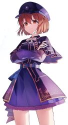 1girl absurdres belt bow bowtie brown_eyes brown_hair cowboy_shot crossed_arms dress floris_(saber13) frilled_dress frills hagiwara_yukiho hair_between_eyes hat highres idol idol_clothes idolmaster idolmaster_(classic) legs_apart light_smile long_sleeves looking_at_viewer medium_dress medium_hair purple_dress purple_hat simple_background solo standing straight_hair v-shaped_eyebrows white_background white_bow white_bowtie