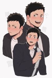 1boy bag black_hair black_jacket blush brown_eyes closed_mouth collared_jacket commentary_request crew_neck cropped_torso flying_sweatdrops haikyuu!! jacket looking_to_the_side male_focus multiple_views nervous nervous_sweating open_clothes open_jacket open_mouth popped_collar sawamura_daichi sev_s2 shirt short_hair shoulder_bag sideburns sideways_glance sweat teeth tongue upper_teeth_only white_background white_shirt