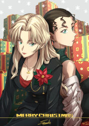 2girls artist_name back-to-back black_hair black_jacket black_pants blonde_hair box breasts christmas cleavage closed_mouth flower gift gift_box green_eyes highres jacket jewelry long_hair looking_at_viewer meitantei_conan merry_christmas mizunashi_rena multiple_girls necklace pants red_flower signature sitting sleeveless sooma4869 vermouth_(meitantei_conan)