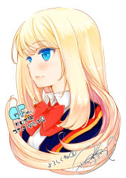 1girl ask02 azuma_sawayoshi blazer blonde_hair blue_eyes bow bowtie chloe_lemaire female_focus girlfriend_(kari) highres jacket parted_lips profile red_bow red_bowtie school_uniform signature simple_background solo upper_body white_background