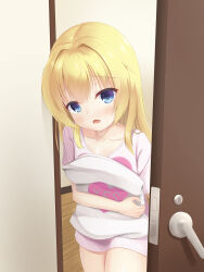1girl absurdres alternate_costume alternate_hairstyle blonde_hair blue_eyes blush casual chitose_sana collarbone commentary_request company_connection cowboy_shot d: eyes_visible_through_hair hair_between_eyes hair_down hair_intakes heart heart_print highres holding holding_pillow indoors long_hair looking_at_viewer open_mouth pillow pink_shirt print_shirt reiji_tsukimi shirt short_sleeves sidelocks solo straight_hair t-shirt tenshi_souzou_re-boot! tenshinranman yes yes-no_pillow yuzu-soft