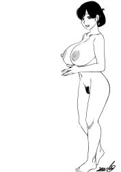 1girl breasts completely_nude full_body half-closed_eyes huge_breasts isako_rokurou large_areolae large_breasts lipstick long_hair makeup mature_female monochrome nude original pubic_hair shirt sideboob simple_background smile standing tagme white_shirt
