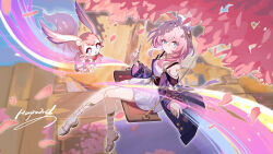 1girl absurdres bare_shoulders blue_eyes breasts closed_mouth coat commentary cyrene_(honkai:_star_rail) dress from_above from_side gladiator_sandals hair_ornament hapwind highres honkai:_star_rail honkai_(series) looking_at_viewer medium_hair mem_(honkai:_star_rail) on_swing pink_hair pink_petals pink_pupils purple_coat sandals signature sitting small_breasts smile solo swing white_dress