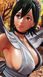 1girl 3d black_hair breasts curvy fighting_stance forest highres iroha_(samurai_spirits) large_breasts lips looking_to_the_side maid maid_headdress nature ryona samurai_spirits screencap shiny_skin short_hair sideboob skindentation smile solo third-party_edit tree