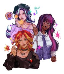 3girls alternate_skin_color artist_name beret black-framed_eyewear black_camisole black_choker black_hat black_jacket black_nails blonde_hair blue_hair blunt_ends buttons camisole candy choker collarbone collared_shirt commentary corded_phone cropped_torso cutie_mark dark-skinned_female dark_skin diagonal-striped_clothes diagonal-striped_necktie english_commentary eyelashes food glasses green_eyes grin hair_between_eyes hair_over_shoulder hand_up hat highres holding holding_candy holding_food holding_lollipop holding_phone index_finger_raised jacket jacket_partially_removed jewelry kouxhii light-skinned_palms lips lollipop long_sleeves looking_at_phone looking_at_viewer looking_to_the_side multicolored_hair multiple_girls my_little_pony my_little_pony:_equestria_girls my_little_pony:_friendship_is_magic nail_polish necklace necktie open_clothes open_jacket phone pink_hair pink_lips pink_nails plaid_clothes plaid_vest puffy_long_sleeves puffy_sleeves purple_eyes purple_hair purple_necktie purple_shirt purple_vest rectangular_eyewear red_hair red_lips ribbon-trimmed_headwear ribbon_trim sci-twi shirt sideways_glance simple_background single_bare_shoulder smile sparkle spoken_character star_(symbol) star_necklace starlight_glimmer starlight_glimmer_(equestria_girls) straight_hair streaked_hair striped_clothes sunset_shimmer sunset_shimmer_(human) trixie_lulamoon trixie_lulamoon_(equestria_girls) twilight_sparkle two-tone_hair very_dark_skin vest wavy_hair white_background white_shirt