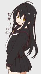 1girl ahoge artist_name black_hair black_sailor_collar black_serafuku black_shirt black_skirt brown_eyes commission grey_background hair_between_eyes highres kantai_collection long_hair mikazuki_(kancolle) neckerchief playalq pleated_skirt sailor_collar sailor_shirt school_uniform serafuku shirt simple_background skeb_commission skirt smile solo white_neckerchief yellow_eyes