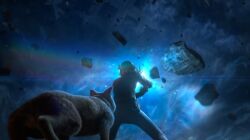 1boy animal ass building destruction dog dust embers energy from_behind glowing helmet night platinumgames project_g.g. rubble shiba_inu silhouette tail teaser