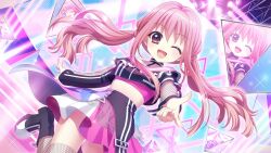 Rule 34 | 1girl, ;d, asahi hina, black boots, boots, breasts, concert, crop top, dot nose, dutch angle, film grain, finger gun, fishnet sleeves, fishnet thighhighs, fishnets, game cg, idol, idol clothes, izumi tsubasu, long hair, long sidelocks, long sleeves, looking at viewer, low twintails, midriff, non-web source, official art, one eye closed, open mouth, pink eyes, pink hair, pink skirt, prism, re:stage!, screen, sidelocks, skirt, small breasts, smile, solo, sparkle, stage, stage lights, stairs, standing, standing on one leg, thighhighs, tile floor, tiles, twintails, very long hair