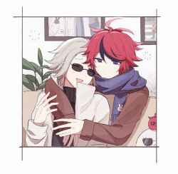 2boys :d ahoge alternate_costume animal_print animalization aotsuki_eito black_coat black_streaks black_sweater blue_eyes coat couch facing_another foodification glasses grey_hair highres hug hug_from_behind indoors jacket looking_down male_focus multicolored_hair multiple_boys on_couch open_mouth painting_(object) plant qiming_zhende_hao_nan rabbit_print red_hair short_hair smile streaked_hair sumino_takumi sunglasses sweater the_hundred_line_-last_defense_academy- white_jacket