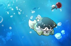 1boy 1girl :o air_bubble animal_ears black_eyes black_hair blue_cape blue_eyes bubble cape chibi chibi_only d_ecember12th e.g.o_(project_moon) faust_(project_moon) fish fluid_sac_(e.g.o) fox_ears fox_tail highres holding jellyfish kemonomimi_mode limbus_company looking_at_viewer project_moon raincoat short_hair snorkel_in_mouth subsurface_scattering sunshower_(e.g.o) swimming tail underwater white_hair yi_sang_(project_moon)