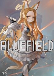 1girl absurdres animal_ear_fluff animal_ears battlefield_(series) bird blonde_hair blue_archive brand_name_imitation breasts cross_halo detached_sleeves dokomon dress extra_ears forehead fox_ears fox_girl fox_tail gun halo handgun highres holding holding_gun holding_weapon long_hair pantyhose parody seia_(blue_archive) sleeve_bow sleeves_past_fingers sleeves_past_wrists small_breasts solo striped_clothes striped_pantyhose tail vertical-striped_clothes vertical-striped_pantyhose very_long_hair weapon webley_self_loading_pistol white_bird white_dress yellow_eyes yellow_halo
