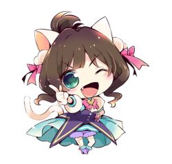 1girl animal_ears aqua_eyes aqua_skirt blood blunt_bangs boots bow bowtie brooch brown_hair buttons cat_ears cat_girl cat_tail chibi commentary_request corset fang frilled_gloves frills fur-trimmed_boots fur_trim gloves hair_bow hair_ornament hand_on_own_hip happy heart heart_brooch high_heel_boots high_heels idolmaster idolmaster_cinderella_girls jewelry kemonomimi_mode light_blush long_skirt looking_at_viewer lowres maekawa_miku one_eye_closed open_mouth pink_bow pink_bowtie pleated_skirt pointing pointing_at_viewer pom_pom_(clothes) pom_pom_hair_ornament ponytail puffy_short_sleeves puffy_sleeves purple_blood purple_boots purple_corset shirt short_hair short_ponytail short_sleeves simple_background skirt smile solo standing tail tareme thighhighs usoneko v-shaped_eyebrows white_background white_gloves white_shirt white_thighhighs