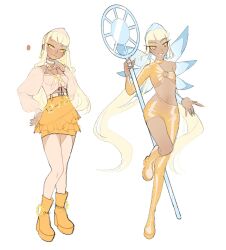 1girl anklet asymmetrical_legwear bare_legs bead_necklace beads belt belt_buckle blonde_hair blue_hairband blue_wings blunt_bangs boots bright_pupils buckle choker closed_mouth clothing_cutout color_guide commentary crescent_print earrings english_commentary eyeshadow fairy fairy_wings frilled_skirt frills full_body grin hairband hand_on_own_hip happy high-waist_skirt high_heel_boots high_heels highres holding holding_staff jewelry knee_boots knees large_earrings leg_up lipstick long_hair long_sleeves looking_at_viewer low_twintails magical_girl makeup midriff miniskirt nail_polish navel necklace o-ring orange_boots orange_pantyhose orange_shirt pantyhose platform_boots puffy_long_sleeves puffy_sleeves redesign reference_sheet ring shirt simple_background single_bracer single_sleeve skirt smile square_neckline staff star_(symbol) star_earrings stella_(winx_club) stomach_cutout sun_print tan twintails variations very_long_hair white_background white_belt white_choker white_pupils white_shirt wikate wings winx_club yellow_eyes yellow_eyeshadow yellow_lips yellow_nails yellow_skirt
