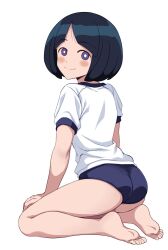 Rule 34 | 1girl, ass, black hair, blue eyes, blue shorts, blush, bob cut, bright pupils, buruma, from behind, gundam, gundam gquuuuuux, gym shirt, gym shorts, gym uniform, looking back, mature female, ponzu rui, seiza, shiiko sugai, shirt, short hair, short shorts, shorts, sitting, smile, solo, t-shirt, tight clothes, white background, white pupils, white shirt
