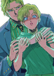 1boy aged_down blonde_hair collared_shirt commentary diamond_wa_kudakenai formal_clothes highres jojo_no_kimyou_na_bouken kira_yoshikage necktie oniyama831 purple_suit severed_hand shirt short_hair suit sweat