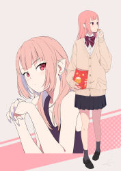 1girl ankle_socks bag black_footwear black_skirt blunt_bangs blush bow bowtie buttons cardigan cei_(sohin) closed_mouth collarbone commentary_request dress_shirt earrings eating fake_nails fingernails food full_body grey_background grey_socks hand_up holding holding_bag holding_food jewelry loafers long_fingernails looking_at_viewer looking_to_the_side miniskirt multiple_views original pigeon-toed pink_hair pleated_skirt pointy_ears purple_bow purple_bowtie purple_eyes purple_nails purple_tank_top red_bag red_eyes ribbed_socks school_uniform shirt shoes sidelocks sideways_glance skirt slit_pupils snack socks sohin striped_bow striped_bowtie striped_clothes swept_bangs tank_top thighs tohato_caramel_corn turning_head upper_body yellow_cardigan