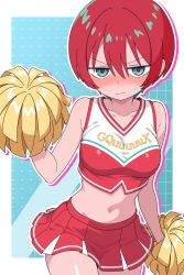 1girl amate_yuzuriha blue_background blush border breasts cheerleader clothes_writing commentary_request copyright_name cowboy_shot cropped_shirt green_eyes gundam gundam_gquuuuuux highres medium_breasts navel odorukaminoke pom_pom_(cheerleading) red_hair red_shirt red_skirt shirt short_hair simple_background skirt solo white_border white_shirt