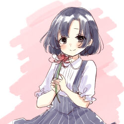 Rule 34 | 1girl, black hair, brown eyes, character request, closed mouth, collared shirt, flower, grey skirt, highres, holding, holding flower, idolmaster, idolmaster cinderella girls, looking at viewer, parted bangs, pink background, puffy short sleeves, puffy sleeves, red flower, rino cnc, shiragiku hotaru, shirt, short hair, short sleeves, skirt, smile, solo, spider lily, striped clothes, striped skirt, suspender skirt, suspenders, two-tone background, vertical-striped clothes, vertical-striped skirt, white background, white shirt
