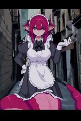 1girl absurdres apron black_dress cigarette closed_mouth dress gloves hair_between_eyes hand_on_own_hip highres holding holding_cigarette juliet_sleeves kodomo_kirin lamia long_hair long_sleeves looking_at_viewer maid maid_apron maid_headdress mole mole_under_eye monster_girl original outdoors pixel_art pointy_ears puffy_sleeves red_hair road solo street white_gloves wing_collar