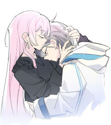 2girls bang_dream! bang_dream!_it&#039;s_mygo!!!!! black_shirt blush chihaya_anon closed_eyes closed_mouth commentary couple earrings grey_hair highres hug jacket jewelry jhon_trick long_hair multiple_girls pink_hair shirt short_hair simple_background takamatsu_tomori white_background white_jacket yuri