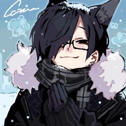 Rule 34 | 1boy, animal ears, black coat, black eyes, black gloves, black hair, black scarf, blue background, breath, chino (sky tanosi), coat, commentary request, dog boy, dog ears, ear piercing, fur-trimmed coat, fur trim, glasses, gloves, hair over one eye, looking at viewer, male focus, original, own hands together, palms together, piercing, plaid clothes, plaid scarf, scarf, short hair, sleeves past wrists, smile, snow, snowing, solo, upper body