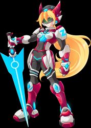 1girl absurdres armor armored_boots bike_shorts biometal blonde_hair body_armor bodystocking boots breasts chest_jewel commission commissioner_upload covered_navel elbow_pads elf_(mega_man_zx_prequel) energy_sword eyelashes forehead_jewel gauntlets green_eyes helmet highres hip_armor holding holding_sword holding_weapon knee_pads long_bangs long_hair mechanical_ears mega_man_(series) mega_man_zx model_z_(mega_man) non-web_source original petite shorts shoulder_armor small_breasts sword transparent_background uta_guipiy weapon