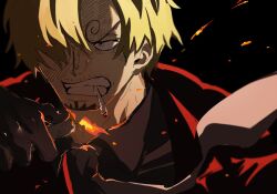 1boy blonde_hair cigarette clenched_teeth close-up commentary curly_eyebrows embers facial_hair fire formal_clothes gloves goatee hair_over_one_eye highres holding holding_lighter lighter looking_to_the_side male_focus mrjieshisu mustache_stubble necktie one_piece red_suit sanji_(one_piece) short_hair smoke solo stubble suit teeth upper_body
