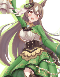 1girl :d animal_ears arm_up ascot blush braid breasts brown_ascot brown_eyes brown_hair corset double-parted_bangs hair_between_eyes half_up_braid horse_ears horse_girl ichimai_(apieceof_ray151) large_breasts long_hair long_sleeves looking_at_viewer looking_to_the_side multicolored_hair open_mouth satono_diamond_(umamusume) sleeves_past_fingers sleeves_past_wrists smile solo streaked_hair umamusume very_long_hair