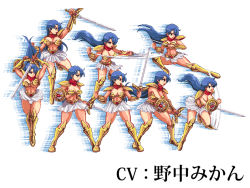 1girl armor asou_yuuko belt bikini_armor blue_hair boots breasts female_focus knee_boots large_breasts long_hair microskirt midriff mugen_senshi_valis neckerchief nonki patsuki pixel_art queen&#039;s_axe shield skirt solo sword telenet_japan valis valis_shield valis_sword weapon white_background