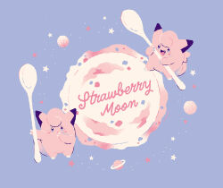 Rule 34 | blue background, claws, clefairy, english text, fang, food, full body, gen 1 pokemon, holding, holding spoon, ice cream, ice cream spoon, manami (uovoegg), nintendo, no humans, open mouth, pokemon, pokemon (creature), simple background, spoon, star (symbol)