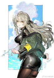 1girl ass black_dress black_pantyhose black_ribbon blonde_hair blue_sky bow breasts chinese_commentary cloud commentary_request cowboy_shot day dress duplicate from_side girls&#039;_frontline girls&#039;_frontline_2:_exilium green_jacket grey_hair hair_ribbon jacket lainie_(girls&#039;_frontline_2) long_hair looking_at_viewer medium_breasts ocean off_shoulder open_clothes open_jacket pantyhose parted_lips ribbon sky smile solo standing starshadowmagician thigh_strap tight_clothes tight_dress ump40_(girls&#039;_frontline) water yellow_eyes zipper_pull_tab