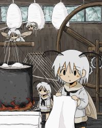 4girls absurdres antennae arthropod_girl black_footwear black_skirt boiling cocoon fire gears grey_eyes highres insect_girl insect_wings kishimen_udn moth_girl moth_wings multiple_girls original pleated_skirt pot sailor_collar shirt short_hair silk skirt spinning_wheel thread white_hair white_shirt wings