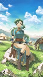1girl black_gloves blue_dress blue_sky boots breasts cloud commission day dress fingerless_gloves fire_emblem fire_emblem:_the_blazing_blade gloves grass green_eyes green_hair highres horse landscape large_breasts long_hair lyn_(fire_emblem) nintendo on_rock ponytail sash sheath sheathed side_slit sitting sky solo sword thighs tororo_kafka weapon