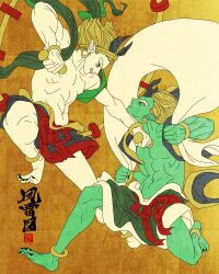 2boys absurdres anklet barefoot black_hair blonde_hair colored_skin earrings fighting fine_art_parody fuujin_(mythology) green_skin green_skirt highres hoop_earrings inkan japanese_mythology japanese_text jewelry looking_at_another multiple_boys muscular muscular_male navel nihonga parody pointy_ears raijin_(mythology) red_skirt sei5osuzuki skirt spiked_hair topless_male wristband yellow_background yellow_eyes