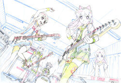 5girls animal_ear_headphones animal_ears arm_up band_(music) blue_eyes bow-shaped_hair buttons cable cat_ear_headphones ceiling ceiling_light character_request closed_mouth collarbone cone_hair_bun copyright_request curtains double_bun drum drumsticks dutch_angle electric_guitar fake_animal_ears feet_out_of_frame fingernails from_below full_body graphite_(medium) green_jacket green_necktie green_sailor_collar green_skirt green_thighhighs guitar hair_bun happy headphones highres hime_cut holding holding_drumsticks holding_plectrum indoors instrument jacket keyboard_(instrument) leg_up long_hair long_sidelocks maid maid_headdress miniskirt multiple_girls music necktie open_clothes open_jacket open_mouth pantyhose playing_guitar playing_instrument pleated_skirt plectrum puffy_short_sleeves puffy_sleeves red_pantyhose sailor_collar shirt shiwasu_takashi shoes short_sleeves shorts sidelocks skirt smile sneakers stereo straight_hair striped_clothes striped_pantyhose t-shirt tareme teeth thighhighs tile_ceiling tiles traditional_media two-tone_pantyhose two_side_up upper_teeth_only wavy_hair
