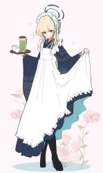 1girl alternate_costume apron blonde_hair blue_archive blue_eyes blue_hair blue_halo blue_kimono boots frilled_apron frills halo highres holding holding_tray japanese_clothes kimono koyuuuuuuuuuuu lifting_own_clothes long_hair looking_at_viewer maid maid_apron maid_headdress mechanical_halo multicolored_hair solo streaked_hair thigh_boots toki_(blue_archive) tray wa_maid white_apron wide_sleeves