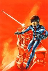 1980s_(style) 1boy amuro_ray blue_eyes brown_hair gloves gundam helmet holding holding_helmet looking_at_viewer male_focus mecha military military_uniform mobile_suit_gundam official_art oldschool open_mouth pilot_suit realistic red_background retro_artstyle robot rx-78-2_gundam science_fiction solo traditional_media unworn_headwear unworn_helmet weapon yasuhiko_yoshikazu