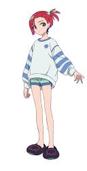 1girl alternate_hairstyle amate_yuzuriha aqua_eyes dolphin_shorts full_body gundam gundam_gquuuuuux hair_between_eyes highres no_socks official_art ponytail red_hair short_hair short_ponytail shorts side_ponytail slim_legs slippers solo sweater transparent_background