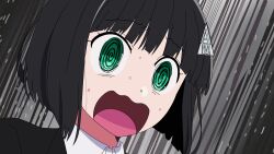 Rule 34 | 1girl, @ @, allmind (armored core vi), arima kana, armored core, armored core vi: fires of rubicon, black hair, black suit, bob cut, business suit, commentary request, formal clothes, green eyes, han megumi, highres, inverted bob, nervous sweating, open mouth, oshi no ko, parody, personification, reprilo channel, short hair, suit, sweat, voice actor connection, wavy mouth