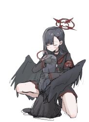 Rule 34 | 2girls, armband, black gloves, black hair, black serafuku, black skirt, black wings, blue archive, blush, choker, closed eyes, feathered wings, gloves, greentea2400, hair ornament, hairclip, halo, highres, hug, ichika (blue archive), justice task force member (blue archive), light smile, long hair, multiple girls, neckerchief, red armband, red halo, red neckerchief, school uniform, serafuku, skirt, squatting, wings
