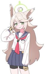 1girl ahoge alternate_hairstyle animal_ears bike_shorts blue_archive brown_gloves brown_hair fox_ears fox_girl gloves green_eyes green_halo halo highres long_hair long_sleeves neckerchief nikukabe otogi_(blue_archive) red_neckerchief school_uniform serafuku white_background
