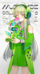 1girl absurdres arknights artist_name asymmetrical_dress blowing_bubbles bracelet brown_hair character_name character_print chewing_gum commentary controller copyright_name cowboy_shot dated dress game_controller green_dress headphones highres holding holding_controller holding_game_controller hologram jewelry joy-con keycap laurel_ornament lyuqiu mole mole_under_eye muelsyse_(arknights) necklace nintendo_switch_pro_controller orange_eyes pixelated single-shoulder_dress solo tamagotchi_(virtual_pet) virtual_pet_(toy) wide_sleeves