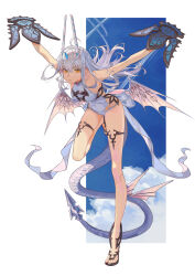 1girl absurdres bare_shoulders breasts dragon_horns fate/grand_order fate_(series) forked_eyebrows full_body highres horns long_hair looking_at_viewer melusine_(fate) melusine_(swimsuit_ruler)_(fate) melusine_(swimsuit_ruler)_(second_ascension)_(fate) one-piece_swimsuit rong_kui_baku solo swimsuit white_hair white_one-piece_swimsuit yellow_eyes