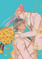 Rule 34 | 2boys, ahoge, blue background, bouquet, brown vest, carrying, carrying person, cherry blossom (sk8), closed mouth, collared shirt, colored tips, couple, curtained hair, dark-skinned male, dark skin, falling petals, feet out of frame, flower, formal clothes, from side, green hair, grin, groom, hair between eyes, highres, holding, holding bouquet, husband and husband, jacket, joe (sk8), kou 08, long hair, long sleeves, looking at viewer, looking to the side, male focus, multicolored hair, multiple boys, orange eyes, pants, petals, pink hair, pink jacket, pink pants, pink suit, ponytail, rose, shirt, short hair, sideways glance, simple background, sk8 the infinity, smile, suit, suit jacket, swept bangs, upper body, vest, wedding, white shirt, yaoi, yellow eyes, yellow flower, yellow rose