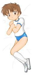 Rule 34 | 1990s (style), 1girl, bed sheet, brown eyes, brown hair, buruma, cardcaptor sakura, female focus, gender request, genderswap, gym uniform, li xiaolang, long image, pisipisi, retro artstyle, shirt, short hair, solo, t-shirt, tall image, thighhighs, zettai ryouiki