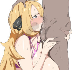 1boy 1girl absurdres alternate_breast_size bikini blonde_hair blush breasts citizen_k_(pngj5475) cum cum_in_mouth cum_in_nose cynthia_(pokemon) deepthroat fellatio grey_eyes hair_ornament hand_on_another&#039;s_head hetero highres huge_breasts long_hair male_pubic_hair nintendo oral pink_bikini pokemon pokemon_dppt prostate_milking pubic_hair simple_background swimsuit white_background x-ray